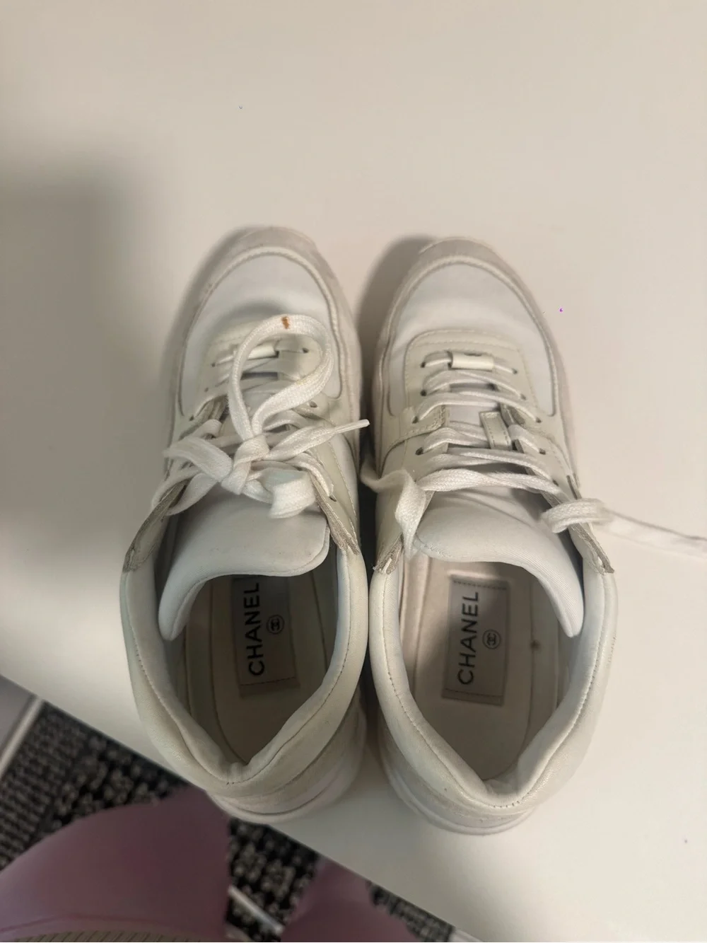 CHANEL White & Light Gray Suede-Trim Women's Sneakers SIZE 38